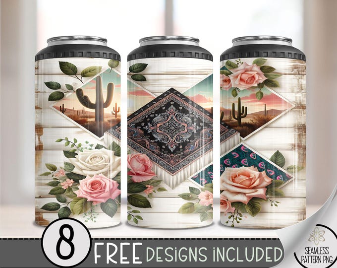 Country Western 4 in 1 Can Cooler Wrap, Western Rose 4in1 Tumbler PNG, Bandana 16 Oz Can Cooler Sublimation Design, Seamless Country Design