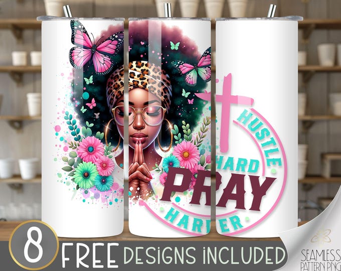 Faith Tumbler Wrap PNG, Hustle Hard Pray Harder 20oz Tumbler Wrap Bible Verse PNG, Christian Bible, Flower Leopard Black Woman Sublimation