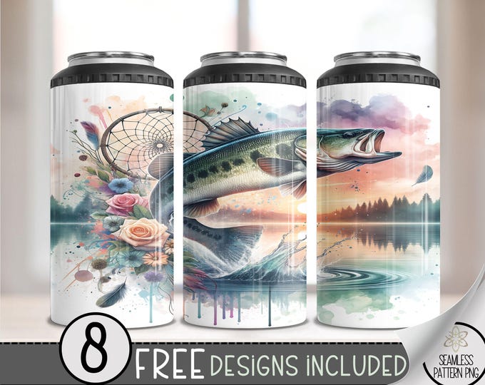 Boho Dreamcatcher Bass Fishing Floral 4in1 Can Cooler Wrap, Sunset Lake 4 in 1 Tumbler PNG, Seamless 16 Oz Can Cooler Sublimation Design