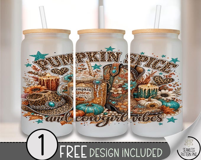Pumpkin Spice Cowgirl 16oz Glass Can Wrap Sublimation Design PNG File, Digital Download, B10449