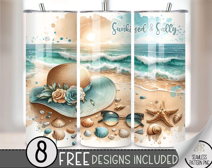 Sunkissed Beach Tumbler Wrap, Ocean 20 Oz Skinny Tumbler PNG File, Sea 20Oz Straight Tumbler File, Vacation Sublimation Tumbler Design, A108
