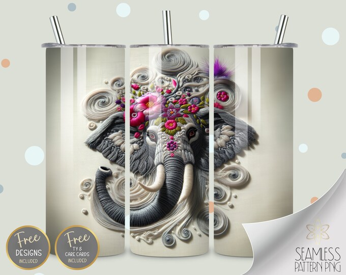 Embroidered Elephant Tumbler Wrap, 20oz Straight Sublimation Tumbler Design, 3D Sublimation Design Embroidery Mandala Tumbler PNG Download