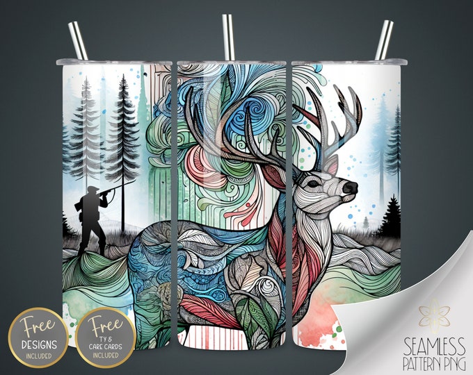 Buck Zentangle Tumbler Wrap, 20 Oz Skinny Sublimation Tumbler Design, Watercolor Deer Seamless Design, Hunting Instant Download