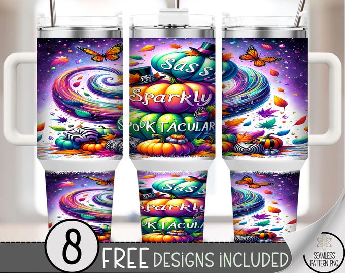 Vibrant Halloween 40 oz Tumbler Wrap, Spooky Festive 40oz Design, Colorful Pumpkin & Butterfly PNG, Fun Printable Wrap A449