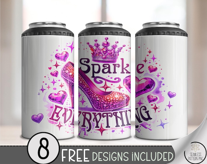 Sparkle Everything Tumbler Wrap 4-in-1, Pink High Heel Glitter PNG, Glam Sublimation Wrap, Rhinestone Can Cooler Design, A399