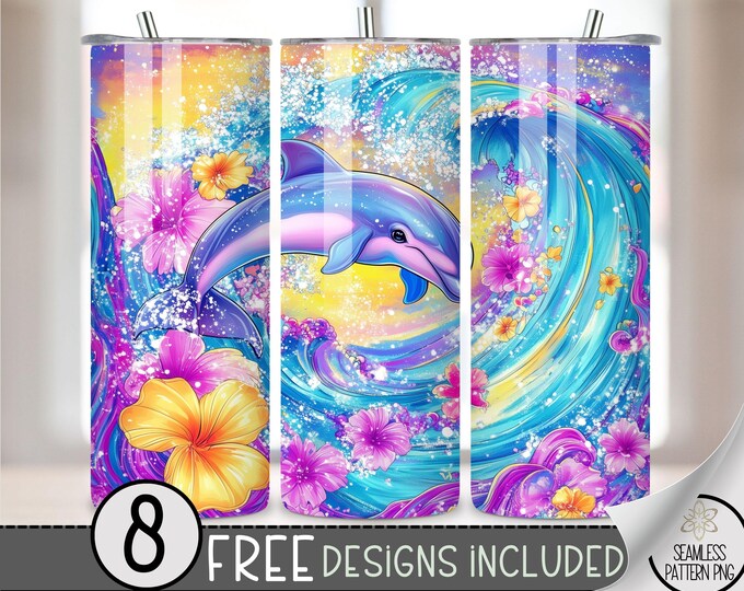 20oz Dolphin Tumbler Wrap, Coast Ocean 20 Ounce Sublimation Template, 20 oz Tropical Summer Beach Floral Tumbler Sublimation Design, A136