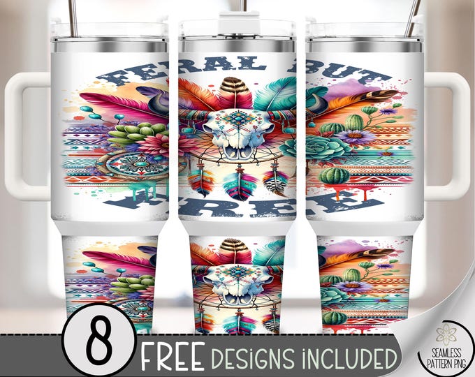 Western Skull 40 oz Tumbler Wrap PNG, Boho Cow Skull with Feathers, Dreamcatcher, Succulents, Cactus, and Tribal Aztec Sublimation, A403