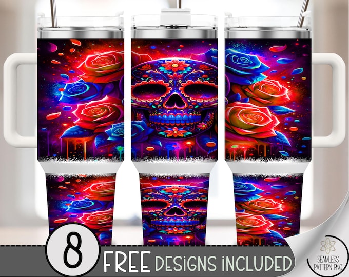 Vibrant Sugar Skull 40oz Tumbler Wrap, Colorful Day of the Dead 40 oz Sublimation Design, Floral Red Blue Roses Printable PNG, A464