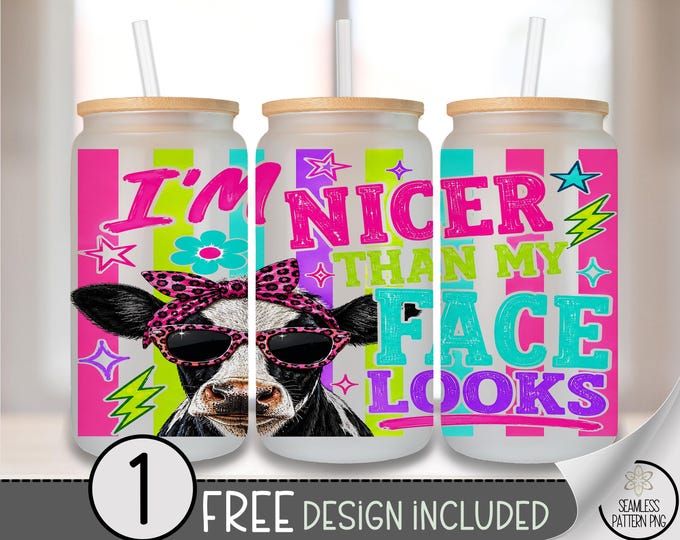 Funny Cow Glass Can Wrap, Sassy 16oz Tumbler Sublimation Design, Retro PNG File, Digital Download, B10384