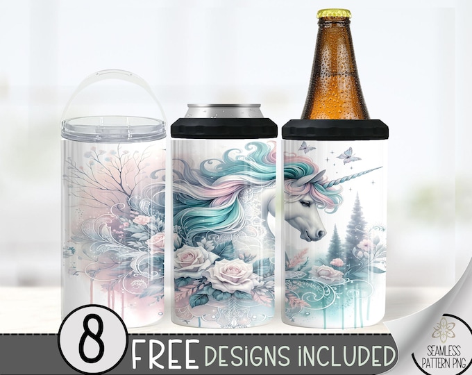 Cute Unicorn 4in1 Can Cooler Wrap, Seamless 16oz Tumbler Design, Ethereal 4 in 1 Tumbler PNG, Floral Unicorn 16 Oz Sublimation Design