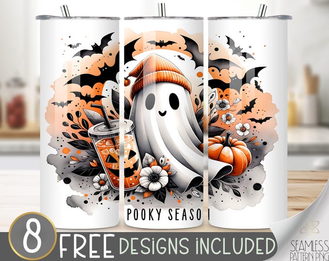 Spooky Season Ghost Halloween 20 oz Tumbler Wrap Design, Sublimation PNG, Jack-o'-Lantern Pumpkin, Fall Bats, Orange and Black Halloween PNG