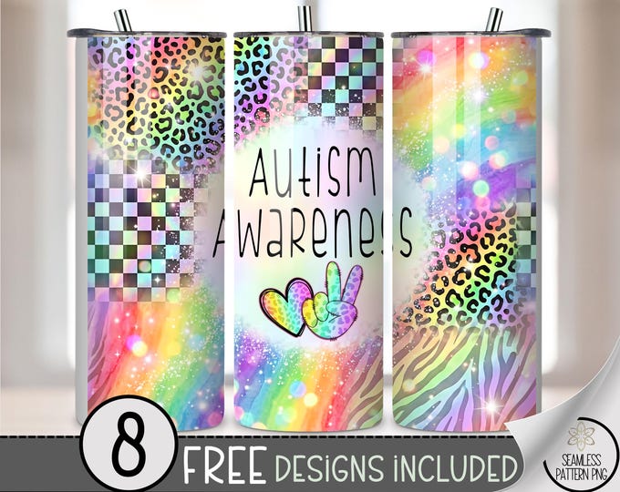 Autism Awareness 20 oz Tumbler Wrap, Colorful Sublimation Design for Straight Tumblers, Festive PNG Files with Hand Graphic B10138