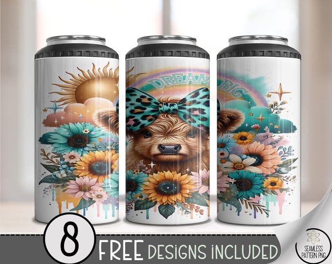 Highland Cow 4 in 1 Can Cooler Wrap, Sunflower Farm Sublimation Design, Fancy Rainbow Heifer Digital Download, A661