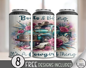 4-in-1 Can Cooler Wrap PNG, Boots and Bling Cowgirl Sublimation, Western Truck Floral Skull Country Girl Design File, Vintage Truck PNG A281