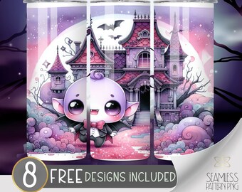 Cute Vampire Tumbler Wrap PNG, 20Oz Skinny Tumbler Sublimation, Cute Halloween Monster Haunted House, Vampire Bat Halloween Digital Download