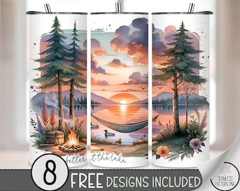 Lake Life Tumbler Design, Lake Sublimation Design, Campfire Skinny 20oz Tumbler Wrap Sunset Lake 20 oz Straight Tumbler Sublimation PNG