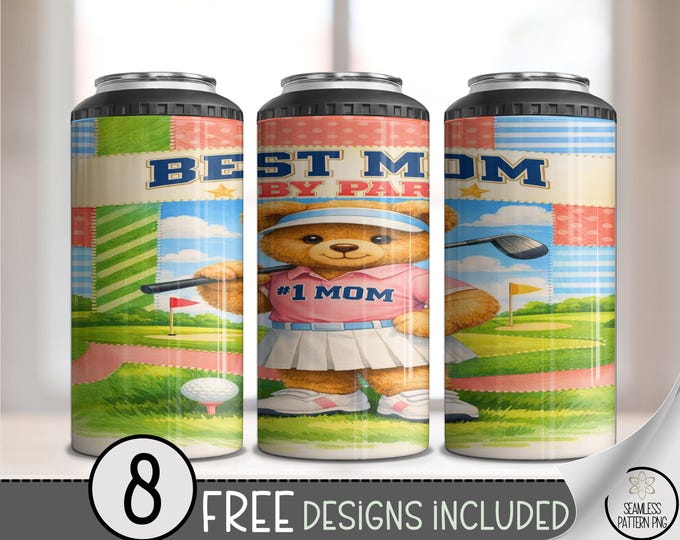 Mother's Day 4in1 Can Cooler Wrap, Teddy Bear Golfer Sublimation Design, Playful 16 oz 4-in-1 File, Sporty, B10061