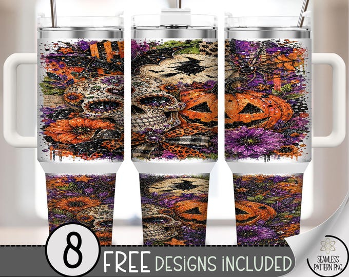Halloween 40oz Tumbler Wrap, Sparkly Skull Pumpkin Sublimation Design, Digital Download, B10479