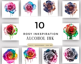 Alcohol Ink Rosy Inkspiration Clipart Bundle PNG JPG Clip Art Digital Instant Download Commercial Use, Navy Pink Blue Red Green Rose Design