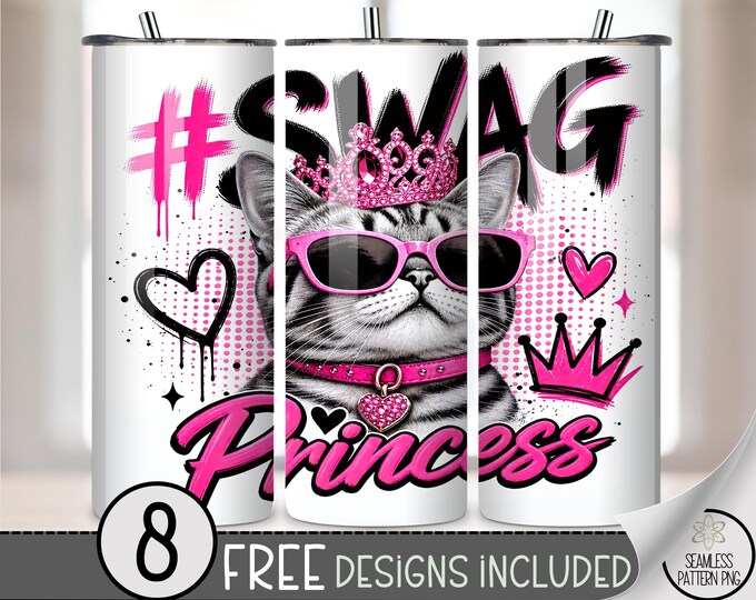 Princess Cat 20 oz Tumbler Wrap, Bold Sassy Sublimation Design, Pink Sunglasses PNG, Digital Download, B10417
