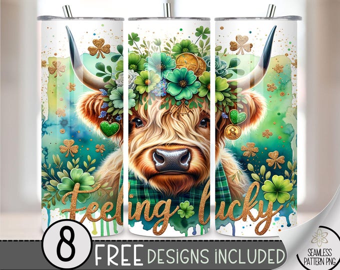 St Patrick Highland Cow Tumbler Wrap, Seamless Patty's Day Sublimation Tumbler Wrap, Irish 20Oz Sublimation Wrap, Shamrock Sublimation, A61