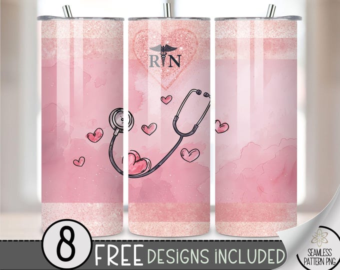 Pink Glitter RN 20 oz Straight Tumbler Wrap PNG, Simple Stethoscope Nurse Design, Skinny Tumbler Design, Girly Mauve Heart Digital Design