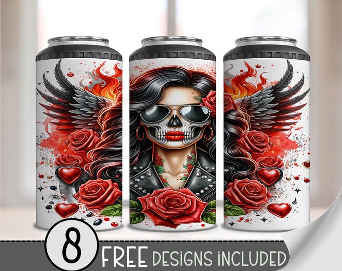 Motorcycle Can Cooler Design, Biker 4 in 1 Design Wrap, Chicana 16oz 4in1 Can Cooler Wrap, Girl Motorcycle Sublimation, Flame Skull PNG A209