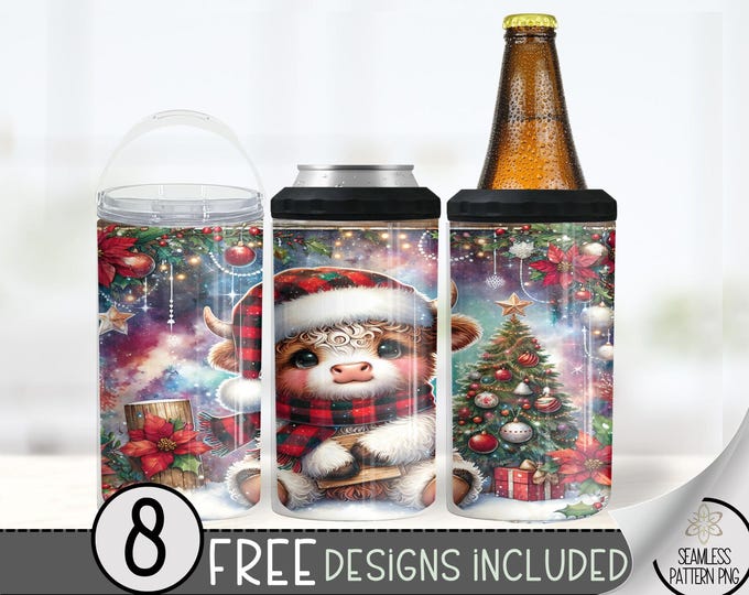 Highland Cow Christmas Hard Can Cooler Design, Xmas 16oz Slim Can Cooler PNG, Holiday 4in1 Can Cooler Tumbler Wrap, Jolly Stubby Can Wrap
