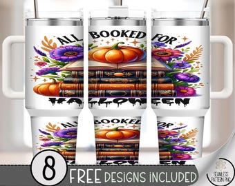 All Booked for Halloween 40 oz Tumbler Wrap PNG, Spooky Bookstack Floral Pumpkin Sublimation, Autumn Halloween Wrap, A365