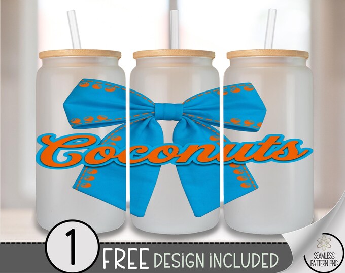 Blue Ribbon Bow Glass Can Wrap, Tropical 16 oz Glass Tumbler Sublimation Design, Retro PNG File, B10233
