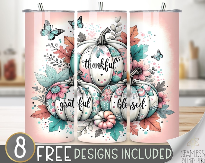 Thankful Grateful Blessed Tumbler Wrap, Butterflies Pumpkin Sublimation Tumbler Wrap, Floral Autumn Design, Fall Thanksgiving Sublimation