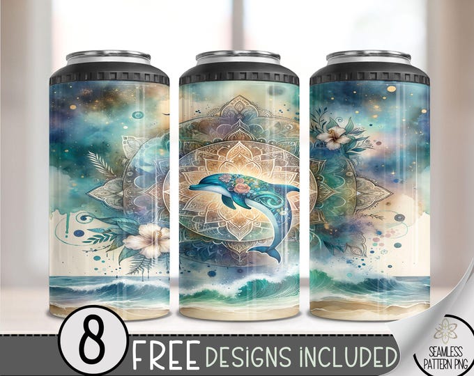 Dolphin 4 in 1 Can Cooler Wrap, Tropical 4in1 Tumbler PNG, Colorful Beach PNG 16oz Sublimation Design, Beach Summer Can Wrap, A137