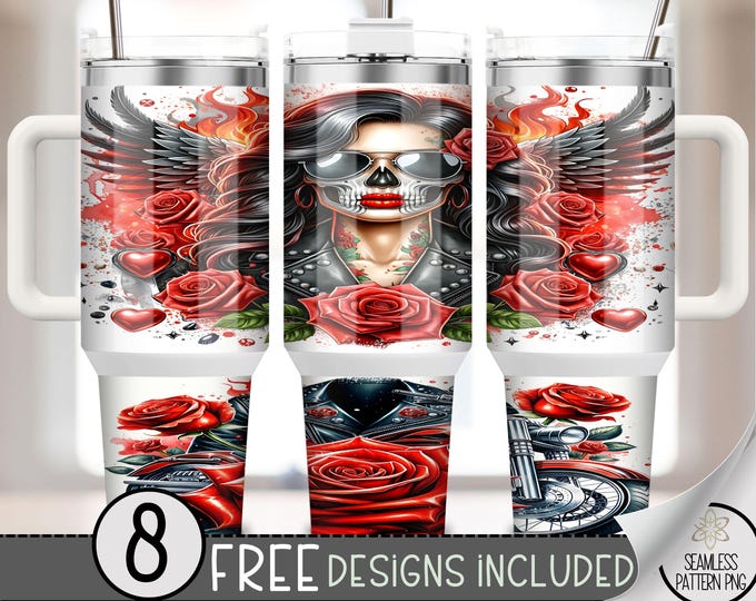 Motorcycle 40 oz PNG Tumbler Wrap, 40 oz Sublimation Design for Girl, Flaming Skull 40 oz Daisy Wrap, Biker 40oz Quencher Tumbler PNG, A209