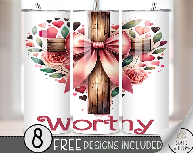 Worthy 20 oz Tumbler Wrap, Bible Verse Design,Proverbs 31 Sublimation PNG,Instant Download for 20oz Skinny Tumblers, Coquette Cross PNG, A90