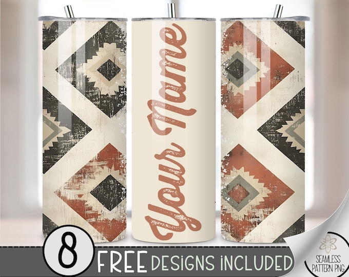 Add Your Text Tumbler Wrap, Customize Name 20oz Skinny Tumbler Sublimation Design, Aztec Tumbler Wrap File PNG, Faded Western Seamless File
