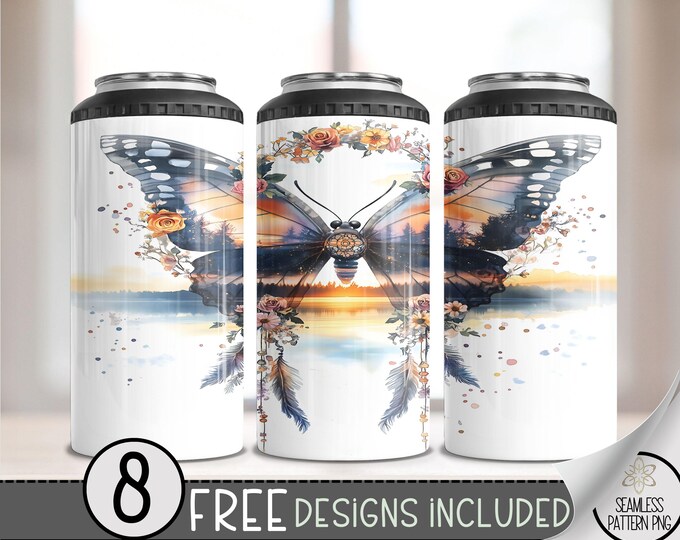Boho Dreamcatcher Butterfly Floral 4in1 Can Cooler Wrap,Sunset Lake 4 in 1 Tumbler PNG,Seamless Ethereal 16 Oz Can Cooler Sublimation Design