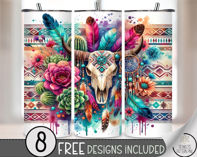 Boho Bull Skull 20 oz Tumbler Wrap PNG, Western Cow Skull Sublimation Design with Feathers, Cactus, Flowers, and Tribal Aztec Pattern, A404