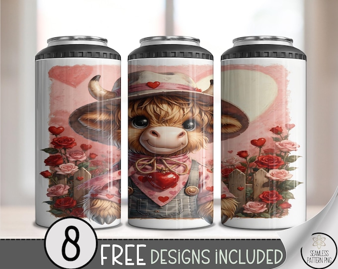 Highland Cow Valentine PNG, Heart 4in1 Can Cooler Wrap, Roses Sublimation Design, Cute 16 oz 4-in-1 File, B843