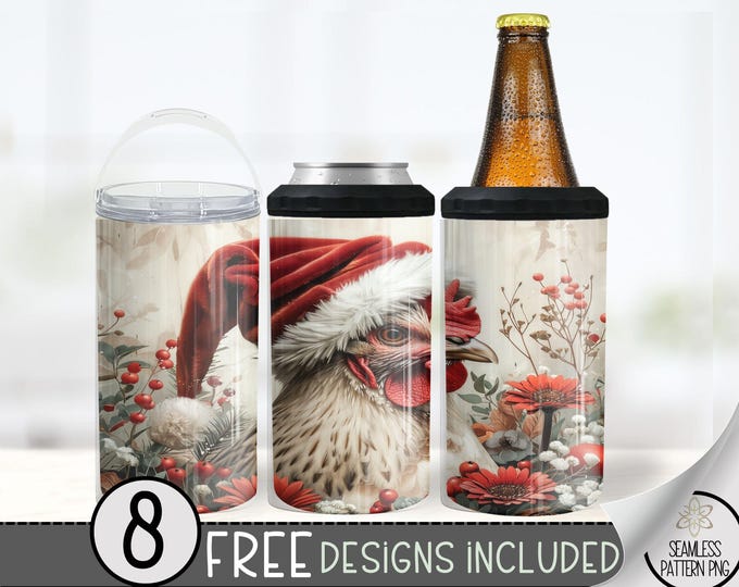 Christmas Chicken 4in1 Can Cooler Wrap, Winter Sublimation Design, Xmas 16 Oz Slim, Cute Rooster 4 in 1 Tumbler Png, Chick 16 Oz Can Cooler