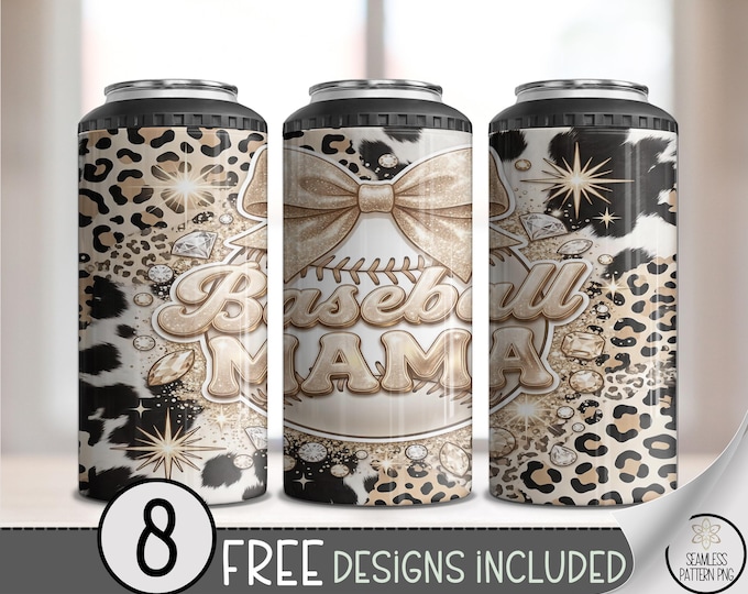 Baseball Mama 4in1 Can Cooler Wrap, Leopard Sublimation Design, Cowhide 16 oz 4-in-1 File with Gold and Rhinestone File, B10055