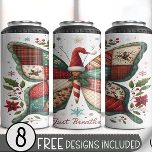 Puede incluir: Tres portavasos aislados blancos con un diseño de mariposa. Las alas de la mariposa están decoradas con un patchwork de patrones rojos, verdes y blancos, acebo y copos de nieve. El portavasos central tiene un gorro de Papá Noel y el texto "Just Breathe".