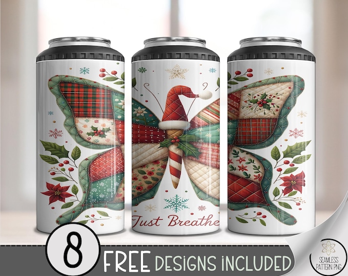 Rustic 4 in 1 Can Cooler Wrap, Cute Butterfly Sublimation Design, Christmas Watercolor Patchwork, Poinsettia and Holly Can Cooler File A489