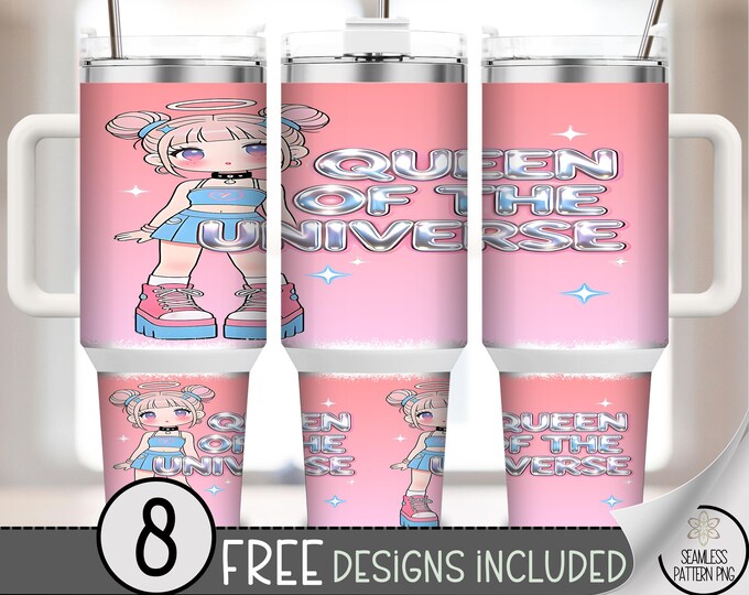 90s Cartoon Queen 40 oz Tumbler Wrap, Kawaii Sublimation Design, Pastel Glitter PNG Files, B10228