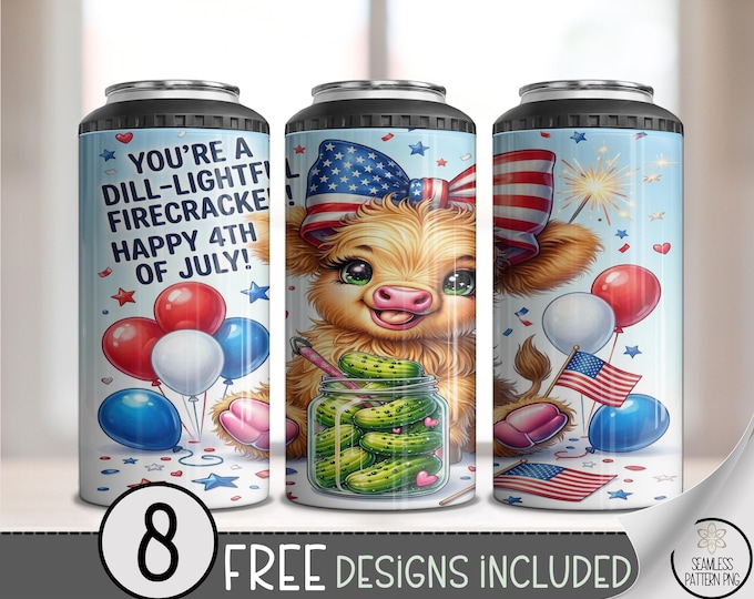 4th of July 4-in-1 Can Cooler Wrap, Cute Cow Sublimation Design, Patriotic 16 oz 4-in-1 File, B10159