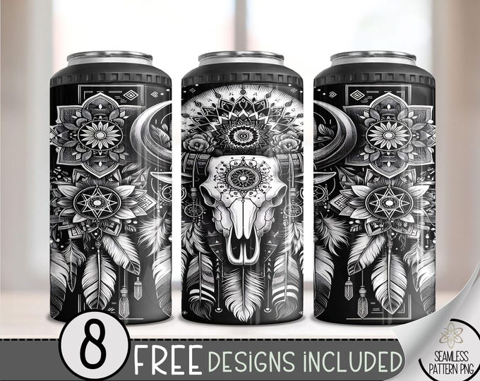 Southwestern Cow 4 in 1 Can Cooler Wrap,Color Me Bull Skull 4in1 Tumbler PNG, Seamless Boho Cattle Skull 16 Oz Can Cooler Sublimation Design
