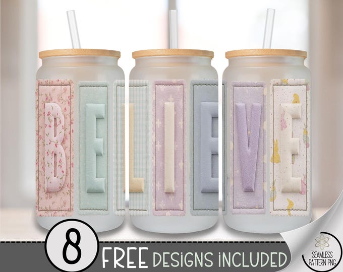 Believe Glass Can Wrap PNG, Easter Sublimation Design, Spring Pastel Colored Strips, Instant Download, A744