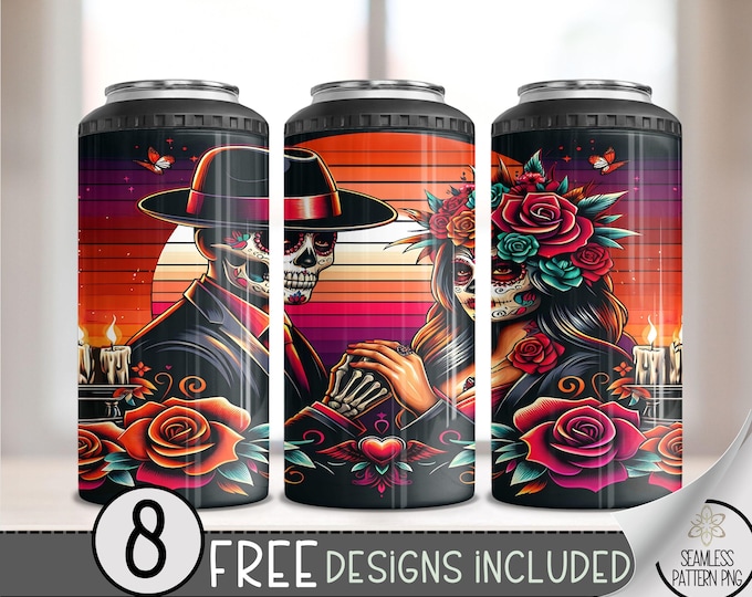 LA Chicano Girl Couple Cholo Couple 4in1 Can Cooler Wrap, Floral 4 in 1 Tumbler PNG, LA Sugar Skull 16 Oz Can Cooler Sublimation Design