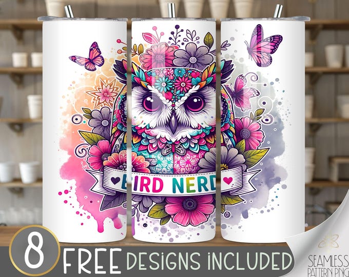 Owl Bird Nerd Tumbler,Neon Owl Sublimation Designs, 20 oz Straight Tumbler Sublimation, Bird Tumbler Wrap, Owl Bird Lover,Floral Tumbler Png