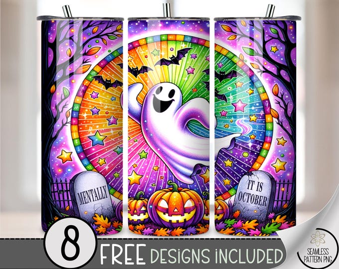 20oz Skinny Tumbler Wrap Mentally It Is October, Funny Ghost Halloween PNG, Rainbow Sublimation Tumbler Design for Fall, A392