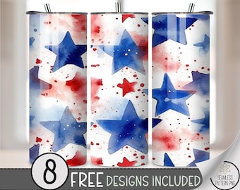 Watercolor Star 20 oz Skinny Tumbler Wrap PNG, Red White Blue Sublimation Design, Seamless July 4 Patriotic Stars & Splatter USA File, A298